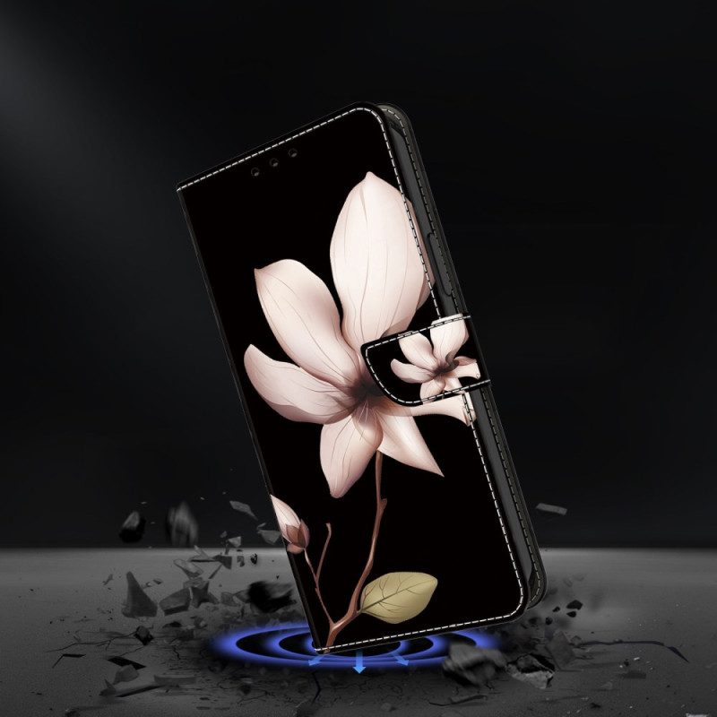 Lederhüllen Google Pixel 9 Pro Handyhülle Rosa Blume Auf Schwarzem Hintergrund