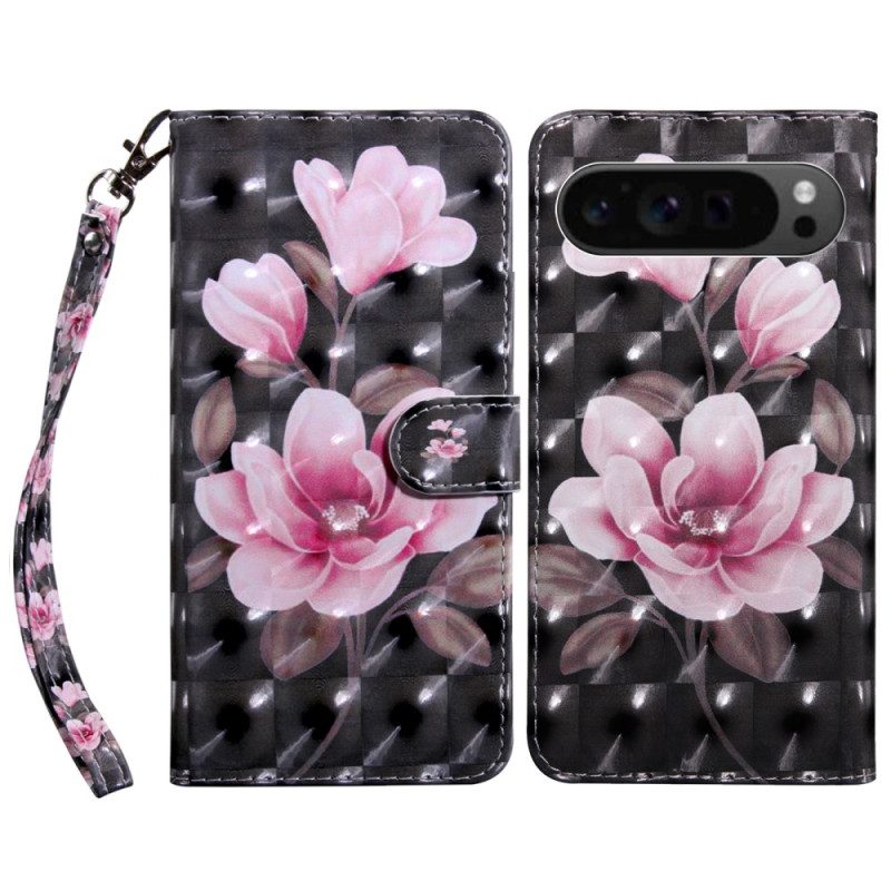 Lederhüllen Google Pixel 9 Pro Handyhülle Rosa Blumen Mit Riemen