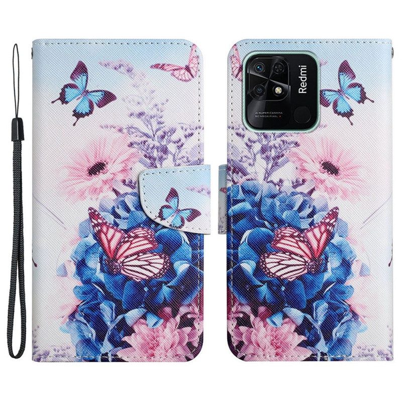 Flip Case Für Xiaomi Redmi 10C Mit Kordel Riemchen-blumenfantasie