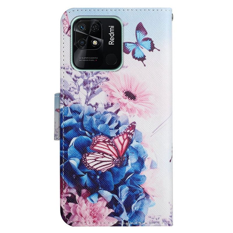 Flip Case Für Xiaomi Redmi 10C Mit Kordel Riemchen-blumenfantasie