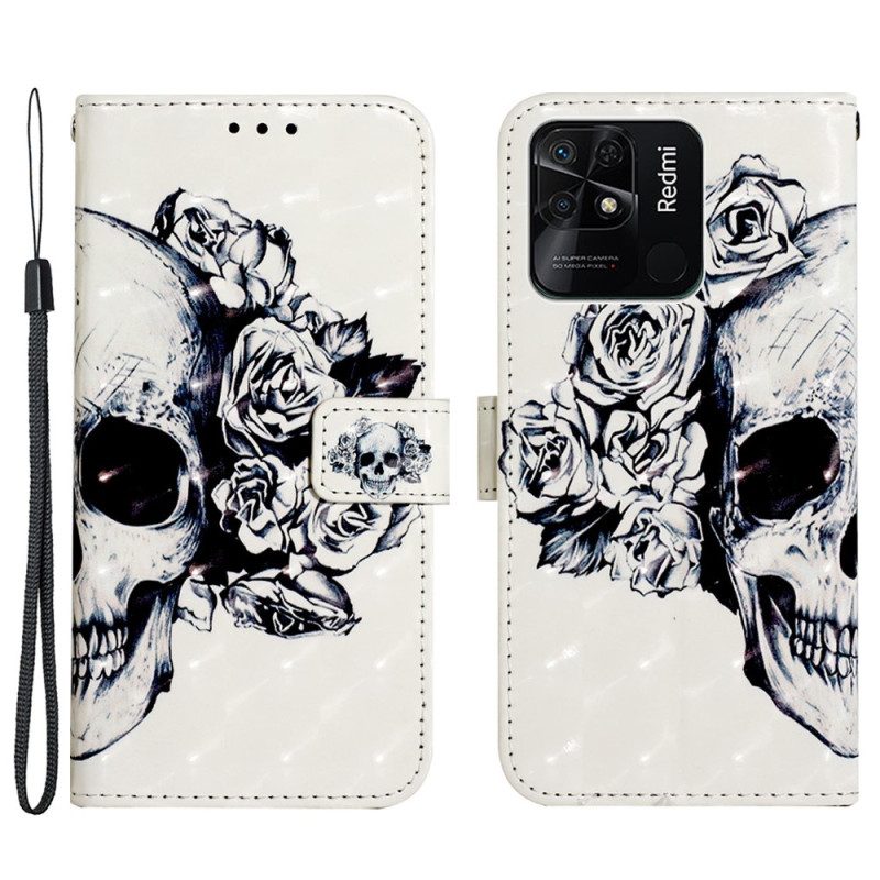 Flip Case Für Xiaomi Redmi 10C Mit Kordel Totenkopf Mit Riemen