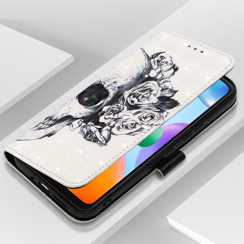 Flip Case Für Xiaomi Redmi 10C Mit Kordel Totenkopf Mit Riemen