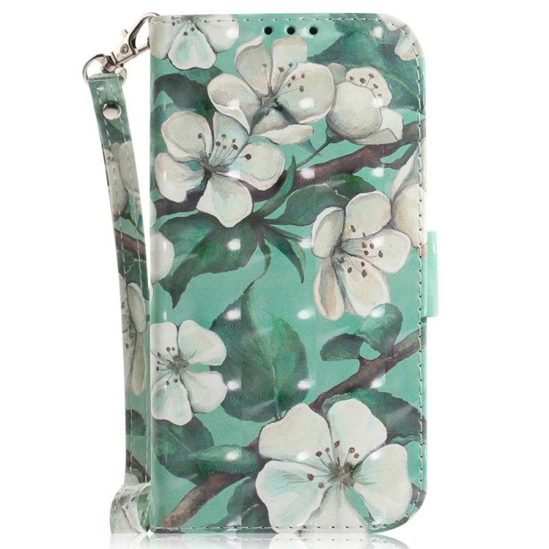 Flip Case Für Xiaomi Redmi 10C Mit Kordel Weiße Riemchenblumen