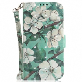 Flip Case Für Xiaomi Redmi 10C Mit Kordel Weiße Riemchenblumen