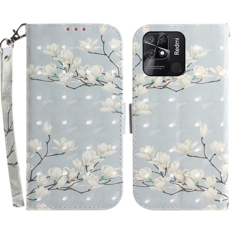 Flip Case Für Xiaomi Redmi 10C Mit Kordel Weiße Riemchenblumen