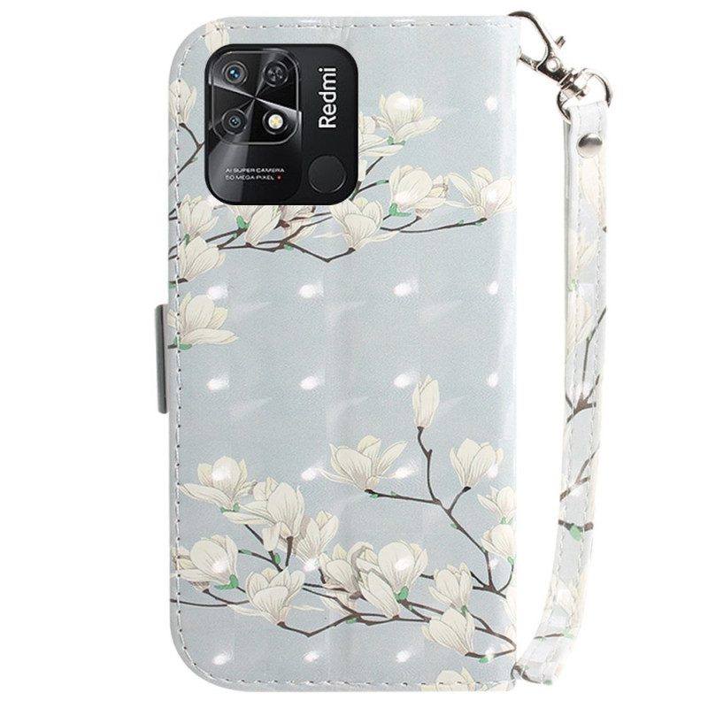 Flip Case Für Xiaomi Redmi 10C Mit Kordel Weiße Riemchenblumen