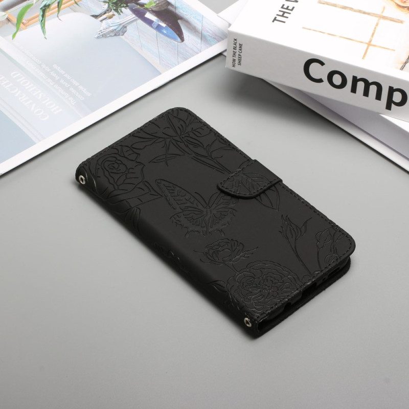 Flip Case Für Xiaomi Redmi 10C Schmetterlinge Und Schultergurt