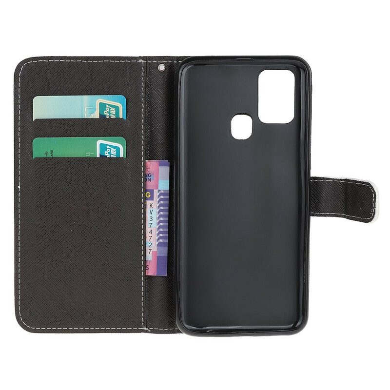 Flip Case Für OnePlus Nord N100 Mit Kordel Riemchenförmige Schwarze Katzenaugen