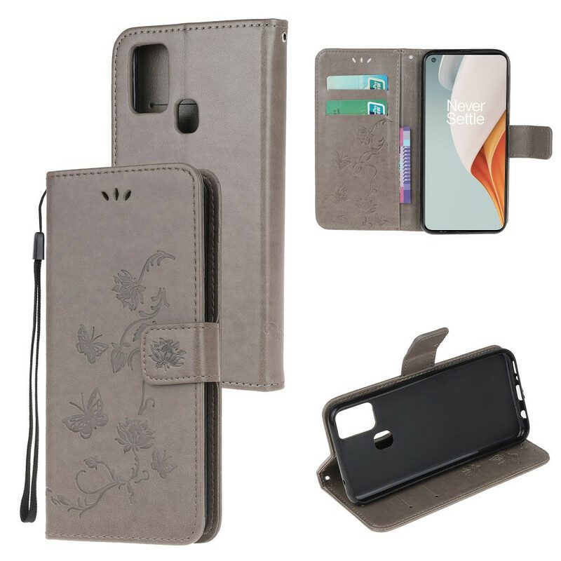 Flip Case Für OnePlus Nord N100 Mit Kordel Tanga-schmetterlinge Und Blumen