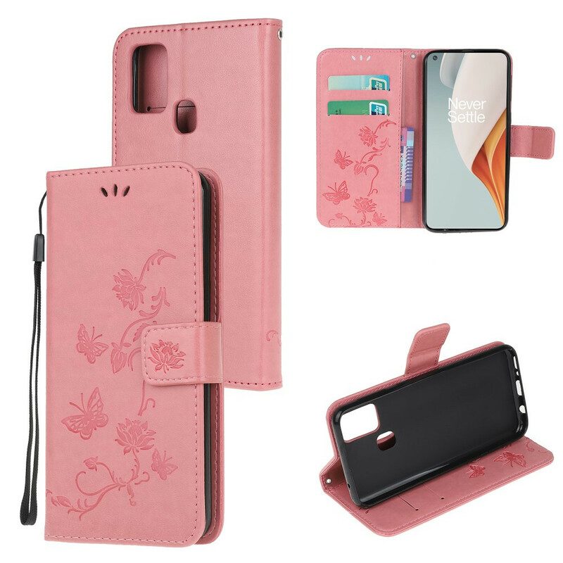 Flip Case Für OnePlus Nord N100 Mit Kordel Tanga-schmetterlinge Und Blumen