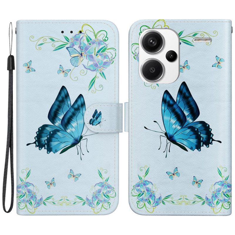 Lederhüllen Für Xiaomi Redmi Note 13 Pro Plus 5g Blauer Schmetterling Und Blumen