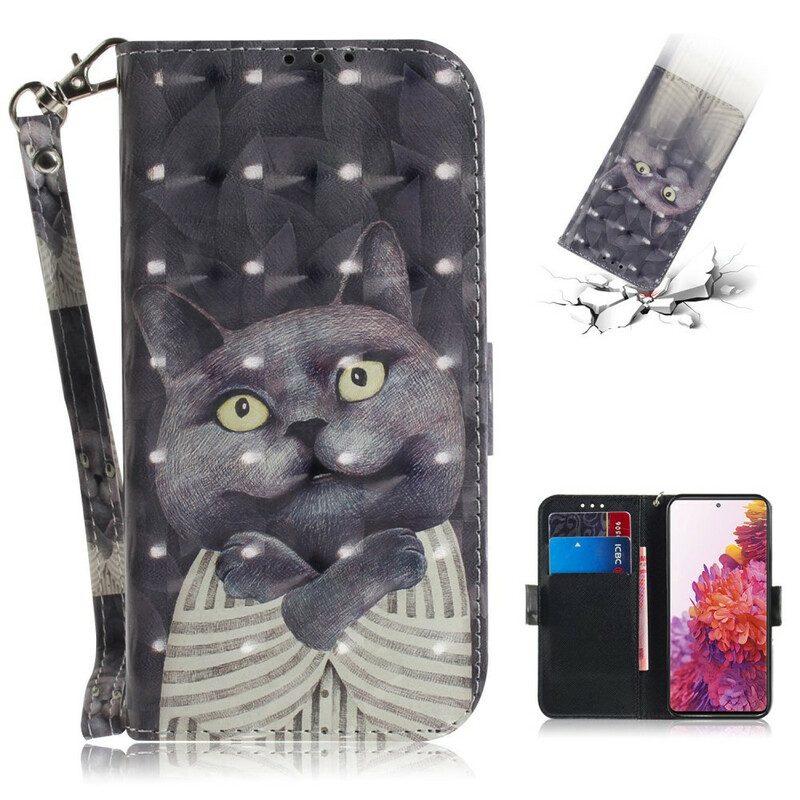 Flip Case Für Samsung Galaxy S20 FE Mit Kordel Graue Katze Mit Riemen