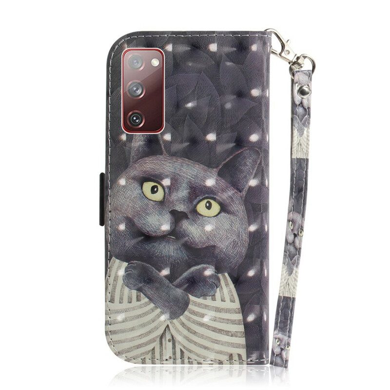 Flip Case Für Samsung Galaxy S20 FE Mit Kordel Graue Katze Mit Riemen