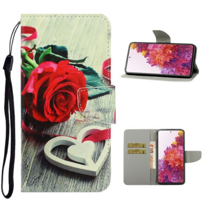 Flip Case Für Samsung Galaxy S20 FE Mit Kordel Romantische Rose Mit Riemen