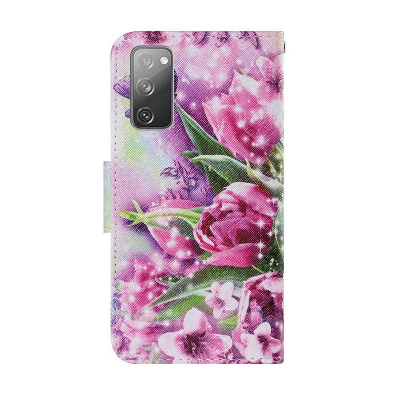 Lederhüllen Für Samsung Galaxy S20 FE Schmetterlinge Und Tulpen