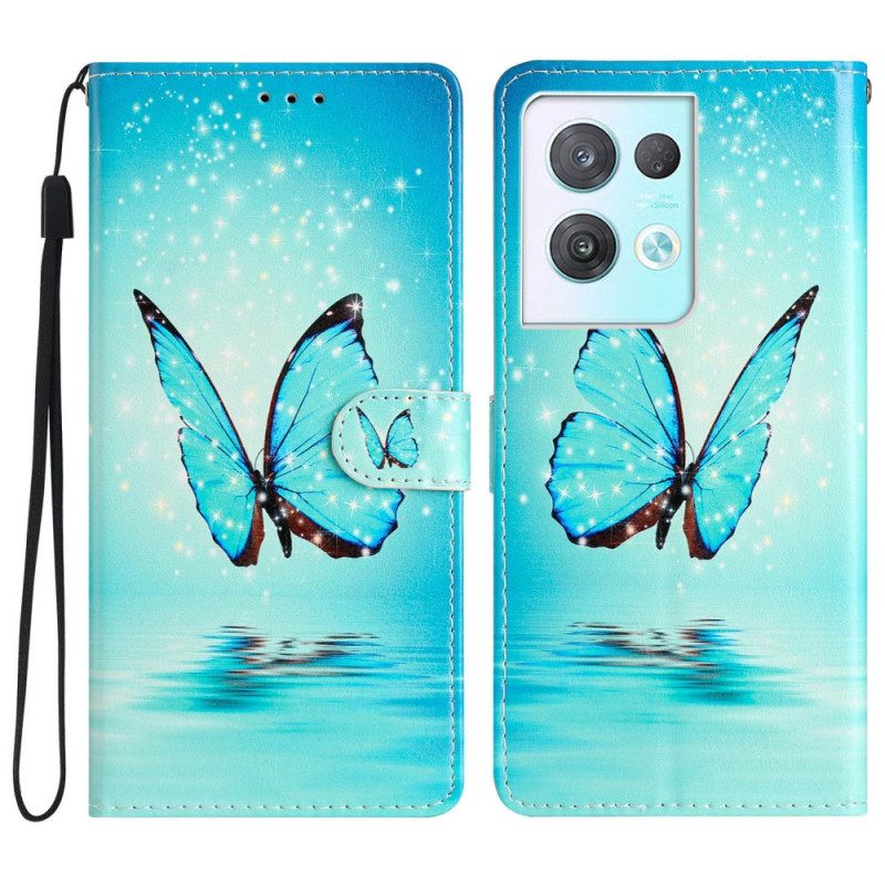 Flip Case Für Oppo Reno 8 Pro Mit Kordel Blaue Schmetterlinge Mit Riemen