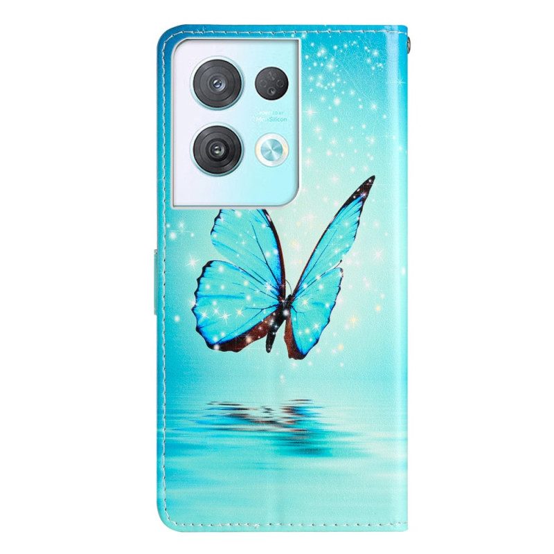 Flip Case Für Oppo Reno 8 Pro Mit Kordel Blaue Schmetterlinge Mit Riemen