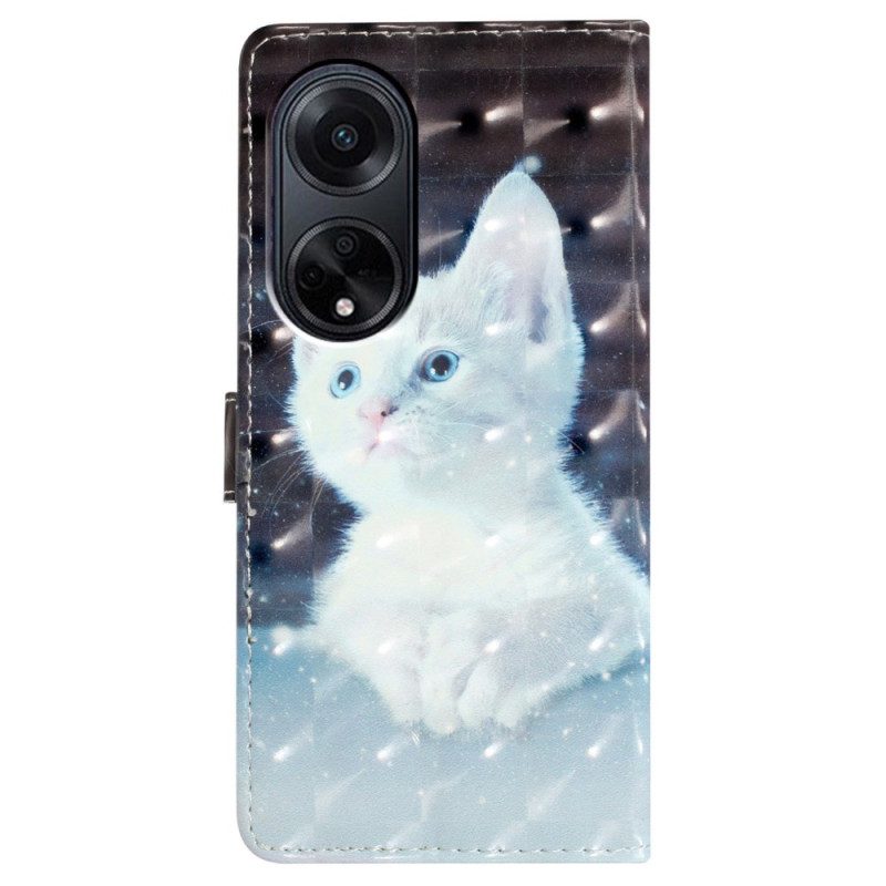 Lederhüllen Für Oppo A98 5g Weiße 3d-katze Mit Riemen