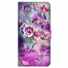 Lederhüllen Oppo A98 5g Schmetterlinge Und Violette Blumen