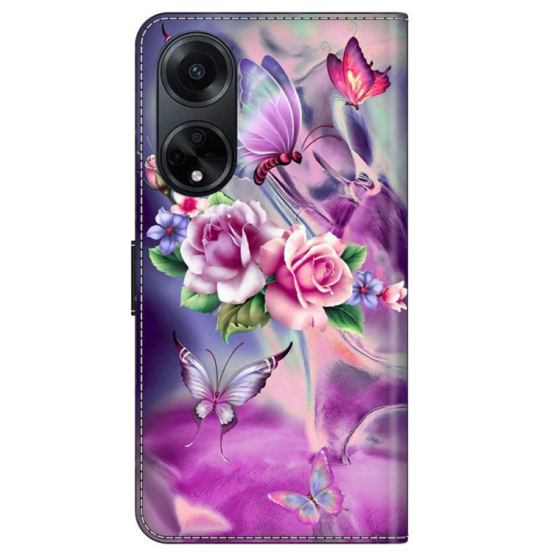 Lederhüllen Oppo A98 5g Schmetterlinge Und Violette Blumen