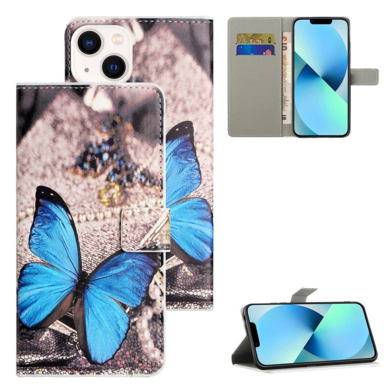 Flip Case Für iPhone 15 Blauer Schmetterling