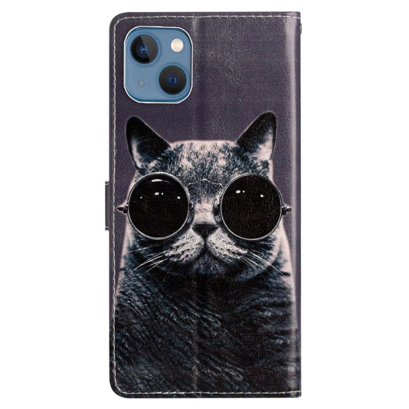 Flip Case Für iPhone 15 Mit Kordel Inkognito-katze Mit Riemen