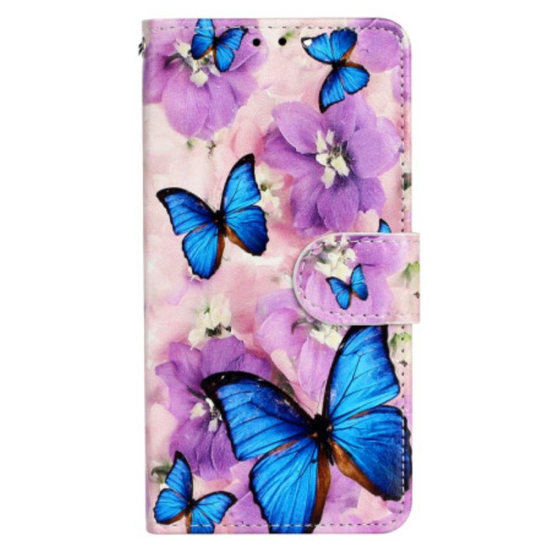 Flip Case Für iPhone 15 Mit Kordel Kleine Blaue Schmetterlinge Mit Riemen