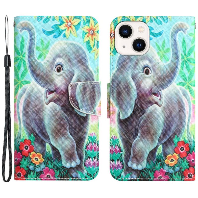 Flip Case Für iPhone 15 Mit Kordel Lanyard Elephant Walk