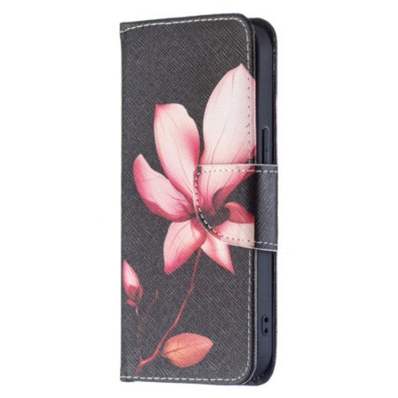 Flip Case Für iPhone 15 Rosa Blume Auf Schwarzem Hintergrund