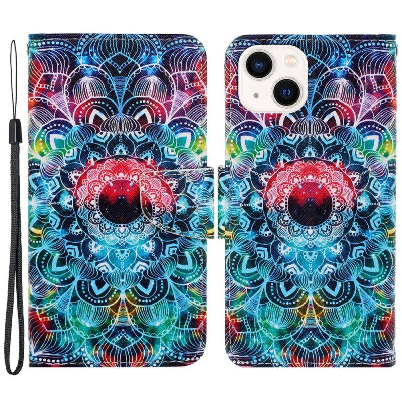 Lederhüllen Für iPhone 15 Mit Kordel Buntes Mandala Mit Riemen