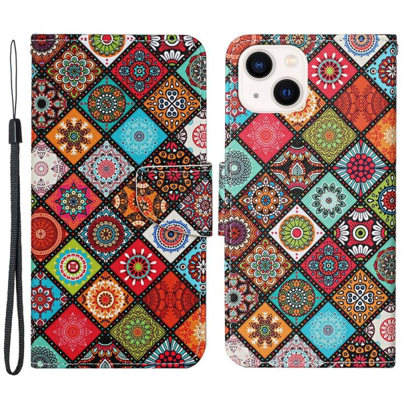 Lederhüllen Für iPhone 15 Mit Kordel Hübsches Patchwork Mit Riemen