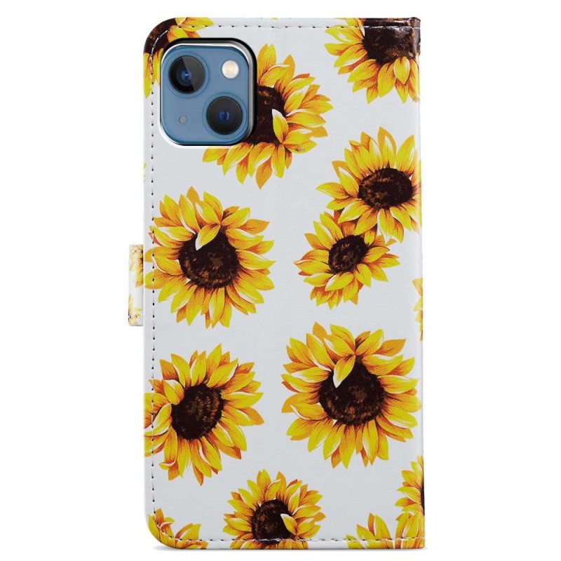 Lederhüllen Für iPhone 15 Mit Kordel Riemen Sonnenblumen