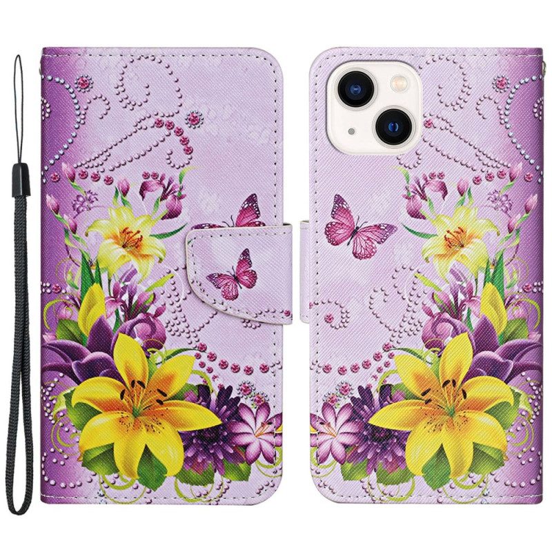 Lederhüllen Für iPhone 15 Mit Kordel Schmetterlinge Und Blumen Mit Riemen