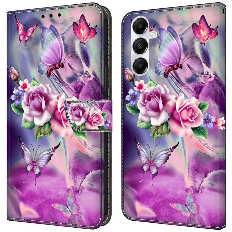 Lederhüllen Für Samsung Galaxy A55 5g Lila Schmetterlinge Und Blumen