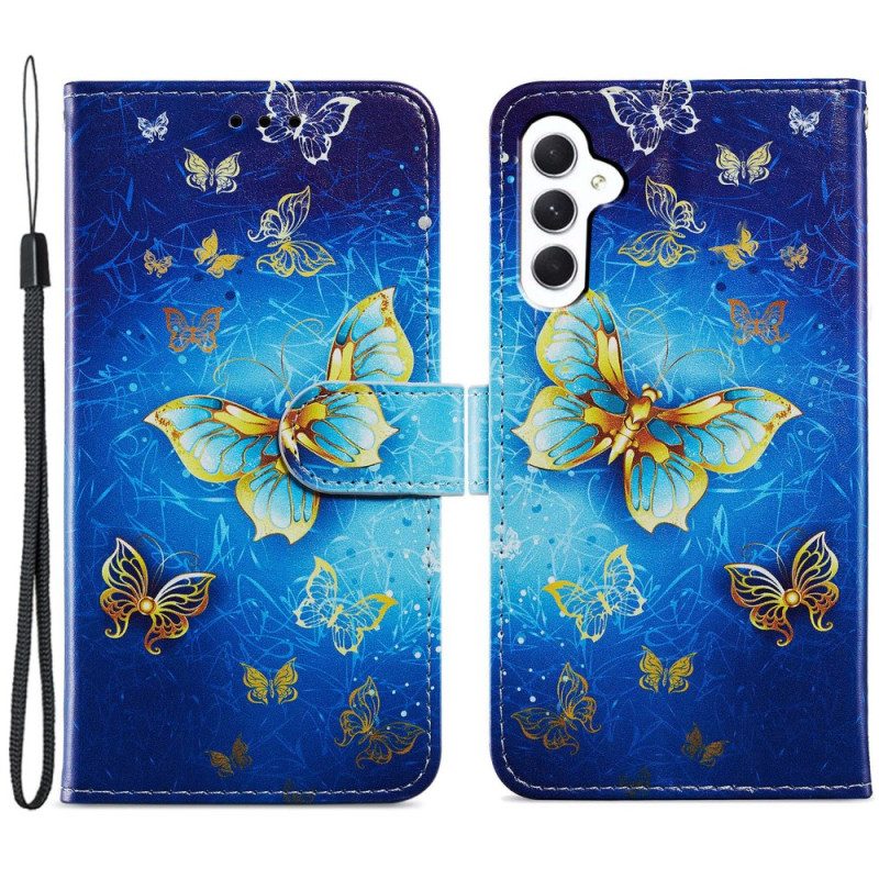 Lederhüllen Samsung Galaxy A55 5g Goldener Schmetterling Auf Blauem Hintergrund Mit Riemen