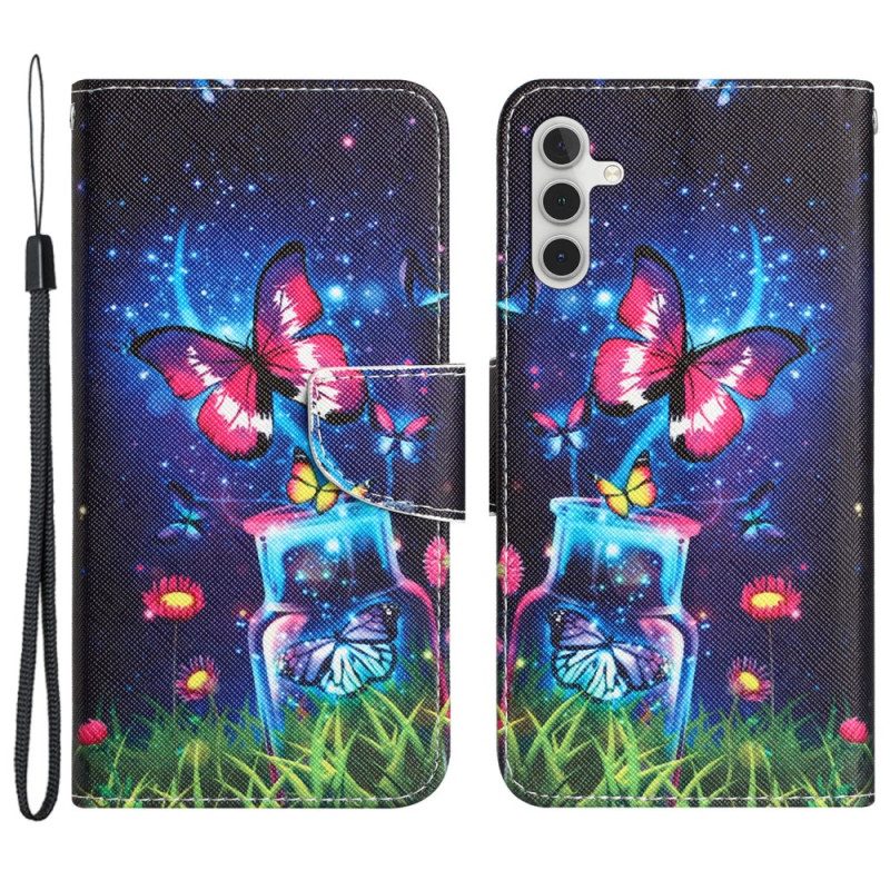 Lederhüllen Samsung Galaxy A55 5g Handyhülle Flasche Und Schmetterlinge Mit Riemen