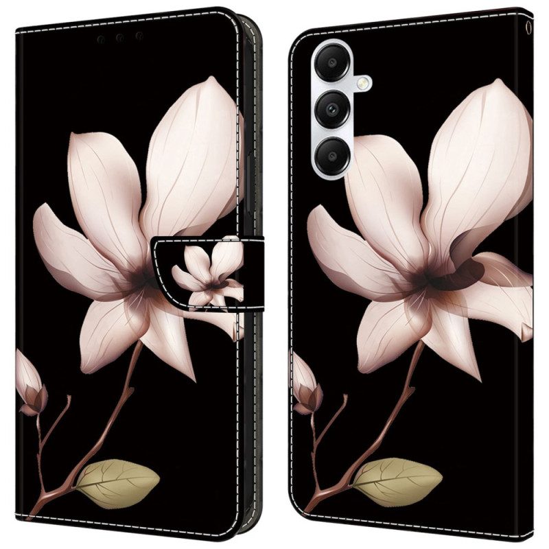 Lederhüllen Samsung Galaxy A55 5g Rosa Blumen Auf Schwarzem Hintergrund