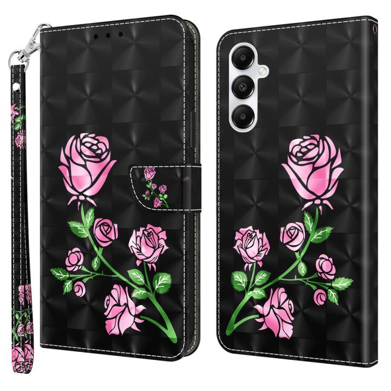 Lederhüllen Samsung Galaxy A55 5g Rosa Blumen Auf Schwarzem Hintergrund Mit Riemen