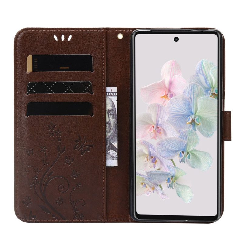 Flip Case Für Google Pixel 7 Mit Kordel Blumen Und Schmetterlinge Mit Riemen