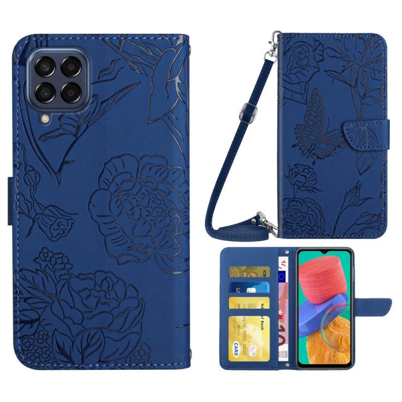 Flip Case Für Samsung Galaxy M33 5G Schmetterlinge Und Schultergurt