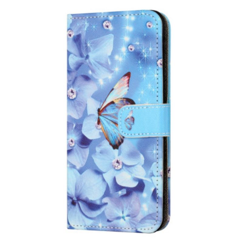 Lederhüllen Für Xiaomi Redmi Note 13 5g Blaue Blumen Und Schmetterling Mit Riemen