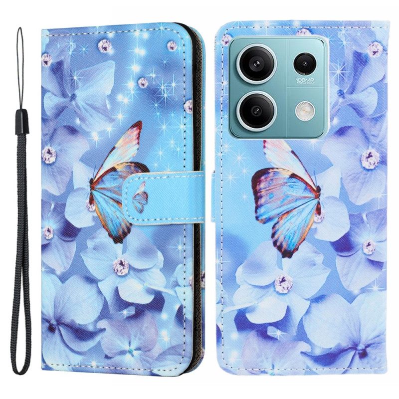 Lederhüllen Für Xiaomi Redmi Note 13 5g Blaue Blumen Und Schmetterling Mit Riemen