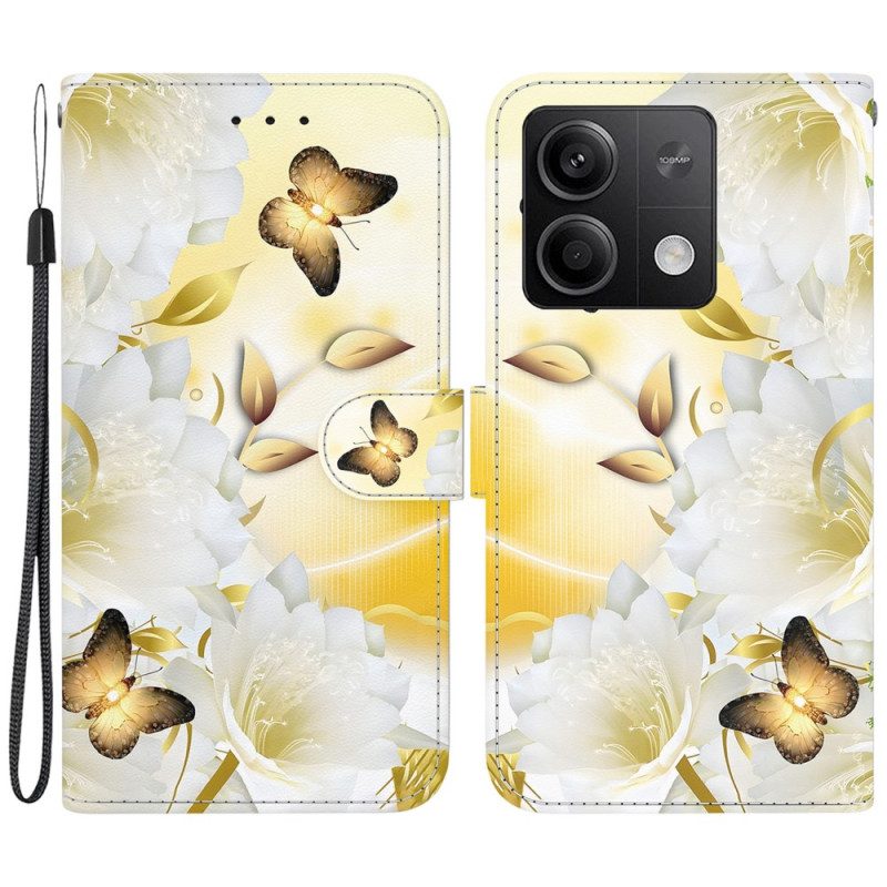 Lederhüllen Xiaomi Redmi Note 13 5g Goldene Schmetterlinge Und Weiße Blumen