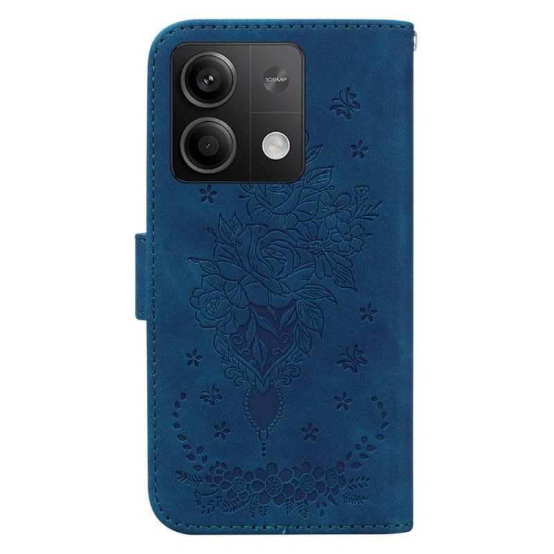 Lederhüllen Xiaomi Redmi Note 13 5g Handyhülle Rose Und Schmetterlinge Mit Riemen