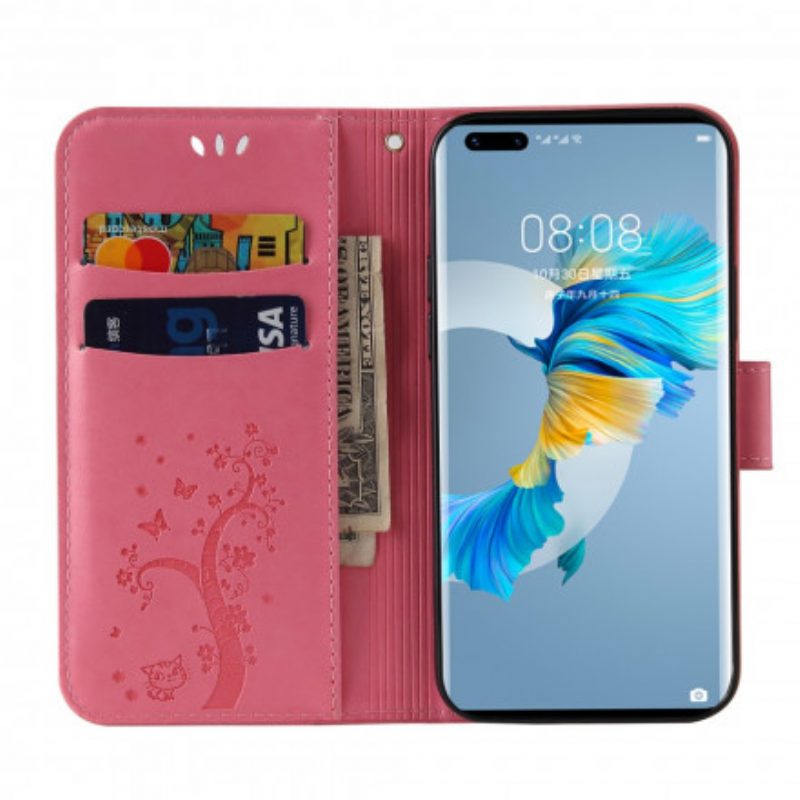 Lederhüllen Für Huawei Mate 40 Pro Mit Kordel Baum Und Katze Mit Perle Am Schlüsselband