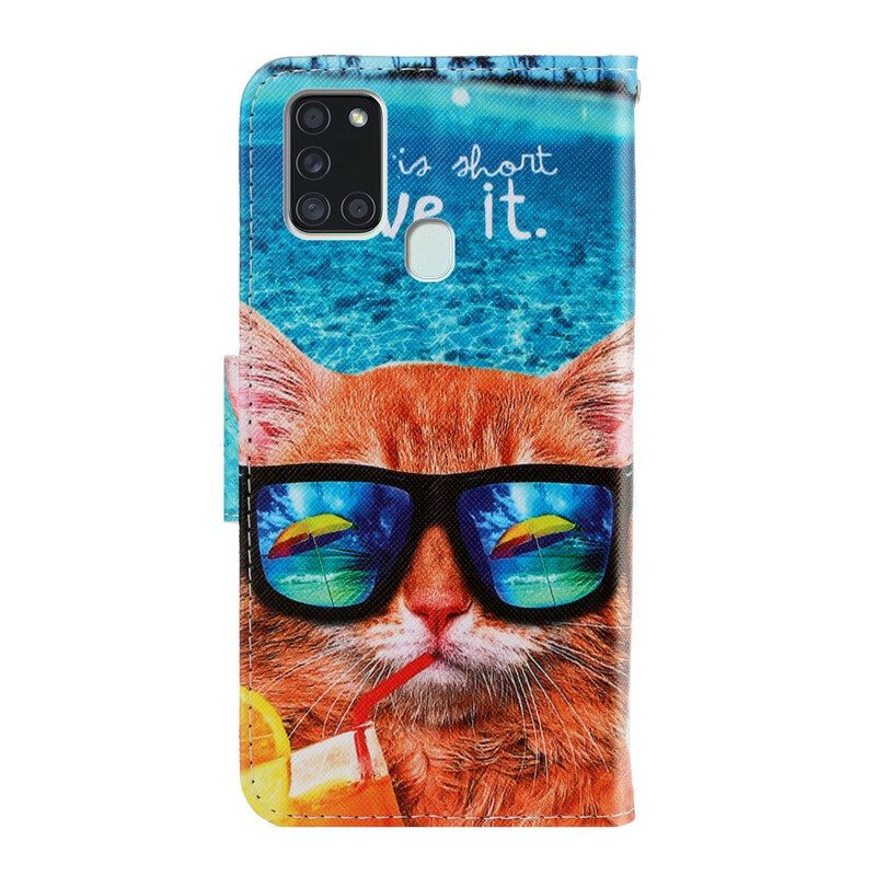 Flip Case Für Samsung Galaxy A21s Mit Kordel Cat Live It Strappy