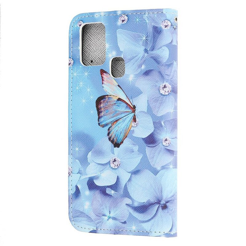 Flip Case Für Samsung Galaxy A21s Mit Kordel Riemchen-diamant-schmetterlinge