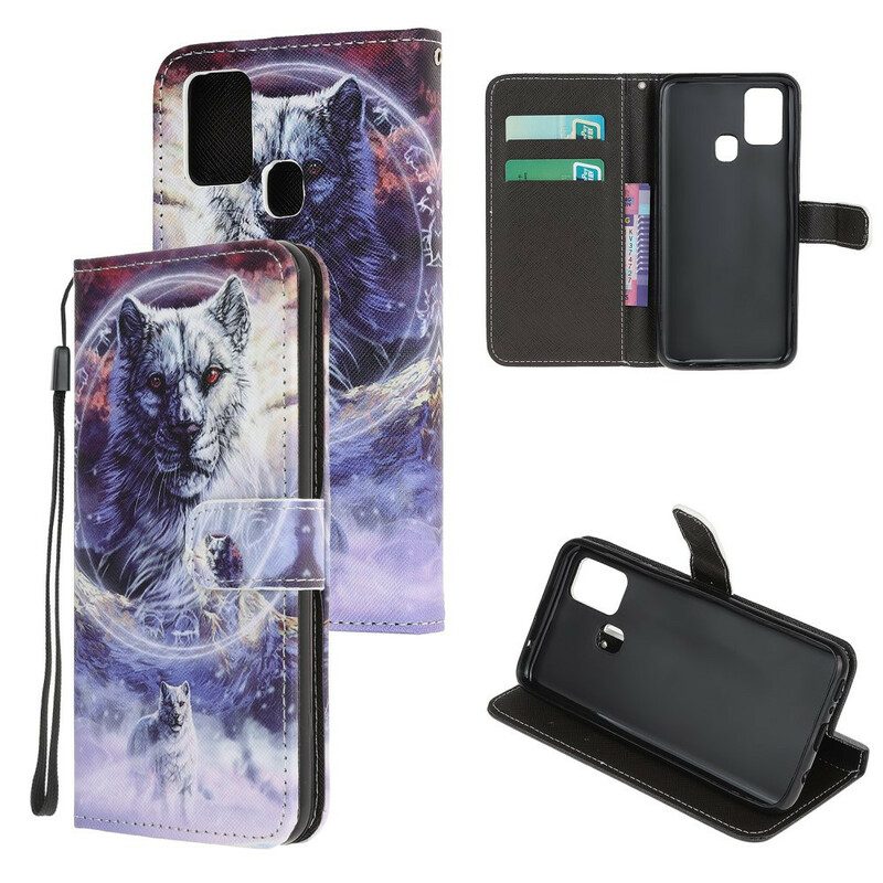 Flip Case Für Samsung Galaxy A21s Wolf Im Winter Mit Schlüsselband