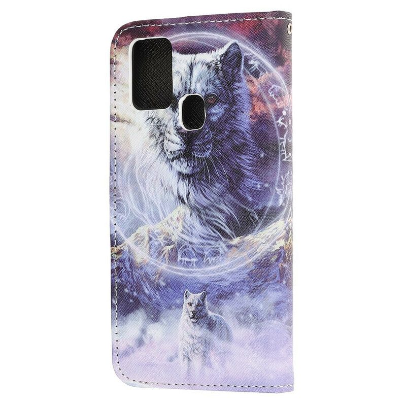 Flip Case Für Samsung Galaxy A21s Wolf Im Winter Mit Schlüsselband