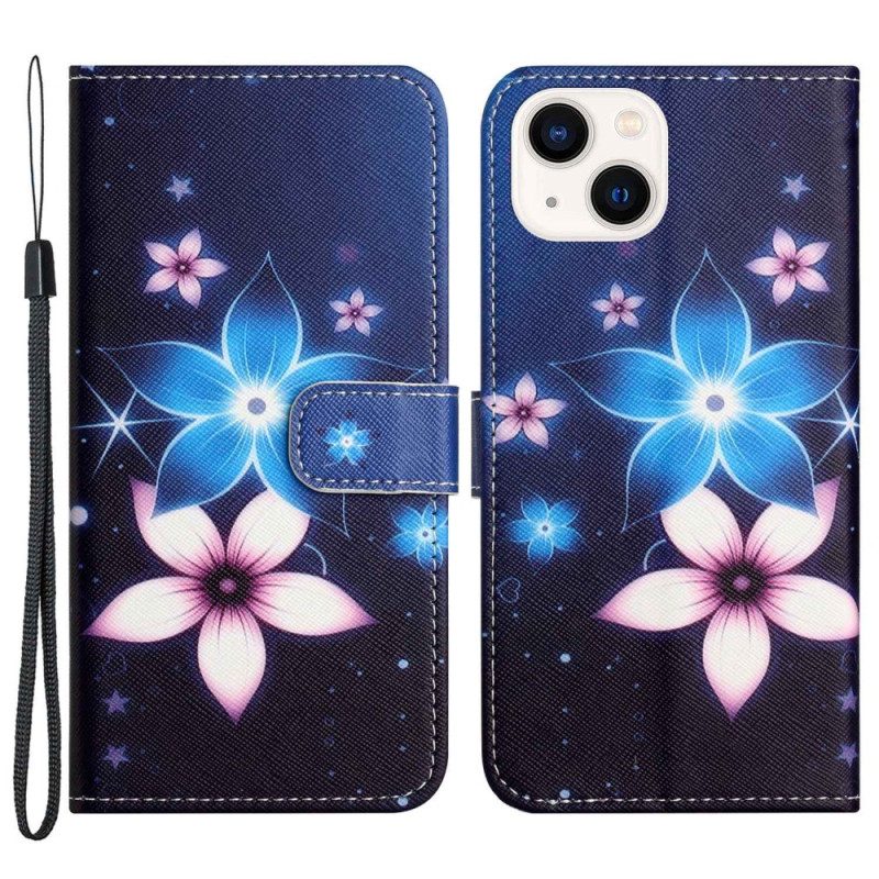 Flip Case Für iPhone 14 Plus Mit Kordel Mondriemenblumen